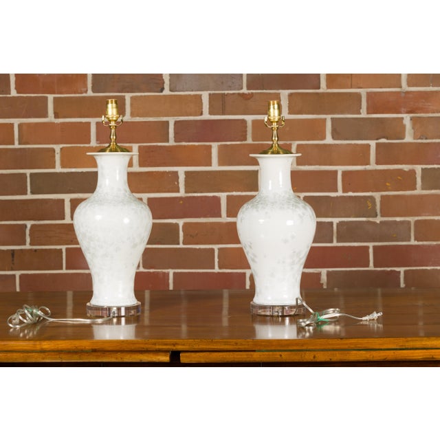 Ceramic Pair of White Porcelain Vase Table Lamps on Lucite Bases with Textured Décor For Sale - Image 7 of 12