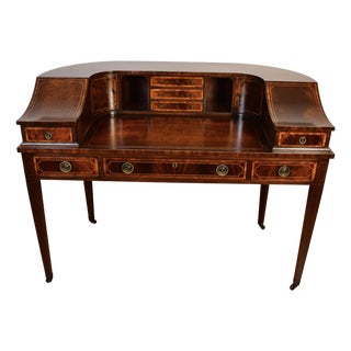 1930s English Mahogany Inlaid & Leather Top Carlton Writing Desk For Sale