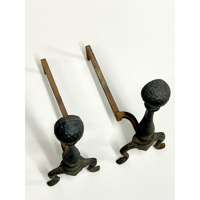 1960s Pair of Vintage Hammered Cast Iron Andirons For Sale - Image 5 of 10