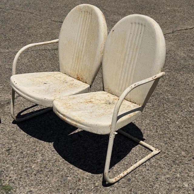 Vintage Art Deco Steel Metal Clam Shell Double Seat Porch Patio Loveseat - Pair For Sale - Image 12 of 18