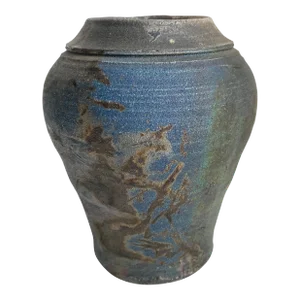 Vintage Raku Studio Pottery Vase Iridescent Blue Gray Abstract