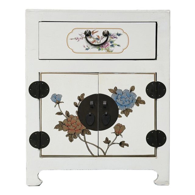 Chinese Off White Vinyl Moon Face Flower Graphic End Table Nightstand For Sale