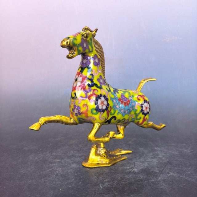 Metal Late 19th Century Cloisonné Enamel Galloping Horse Statue on Swallow Base, 980g For Sale - Image 7 of 9