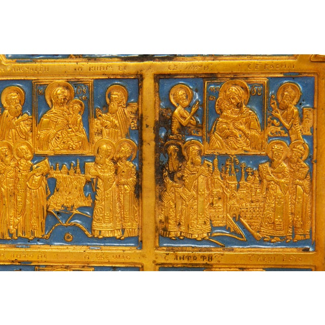Fine Russian Old Believers Tetraptych Copper Icon With 20 Devotional Panels For Sale - Image 12 of 16