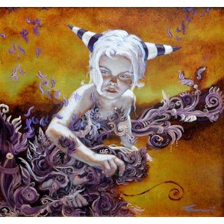 A Glimpse of the Creative by Tammi Otis | Oil Painting of a girl with horns and swirling patterns For Sale