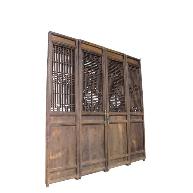 Chinese Antique Chinese 4 Panel Lattice Wood Screen Doors For Sale - Image 3 of 15