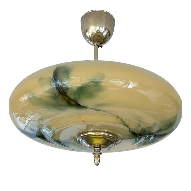Art Deco Pendant Light in Amber Green Marble Glass, 1930s For Sale