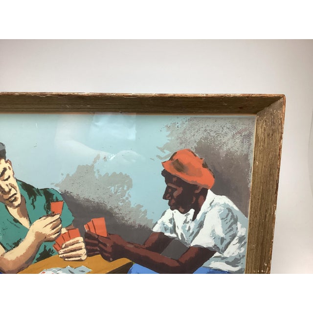 Sky Blue Mid 20th Century Color Block Print Signed Tromka Two Men Playing Cards For Sale - Image 8 of 9