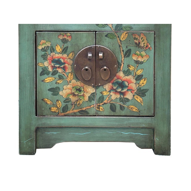 Teal Oriental Distressed Teal Green Flowers Graphic End Table Nightstand For Sale - Image 8 of 8