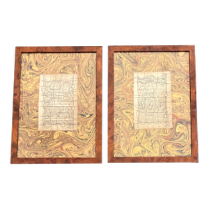 Contemporary 2 Original Wayne Cunningham Abstract Ink Drawings Burled Wood Frames-a Pair