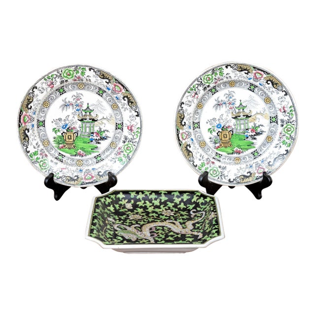 Antique French Creil Et Montereau Chinoiserie Transfer Plates | Pagoda & Garden Scene | C. 1840s–1870s | Pair For Sale
