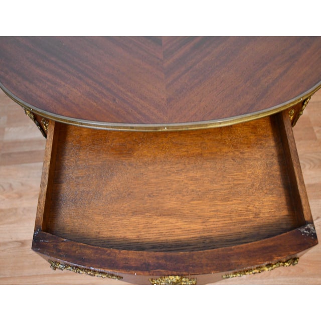 Wood 1900s French Louis XVI Style Mahogany & Satinwood Inlaid Center Table With Drawer & Ormolu Mounts For Sale - Image 7 of 15