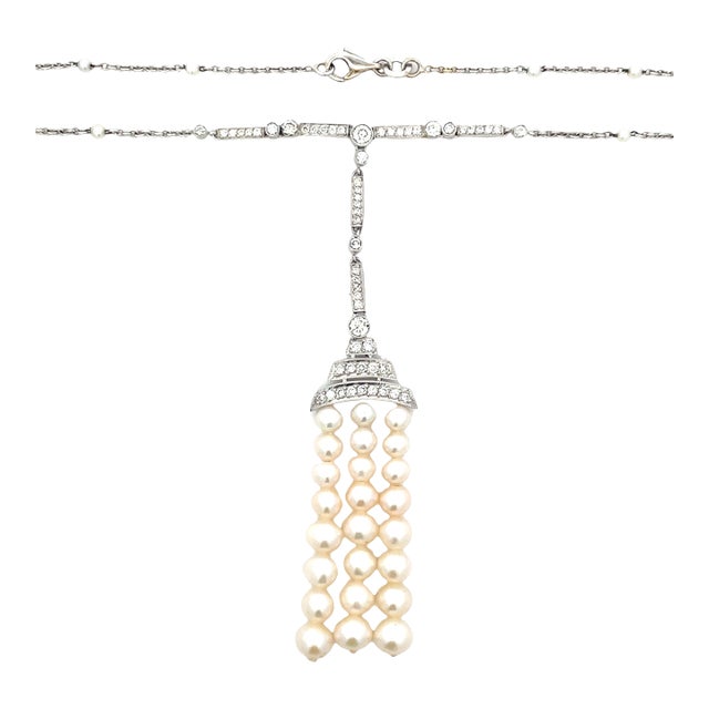 Vintage Platinum 1.5 Carat Weight Diamond & Strand Pearl Drop Necklace For Sale