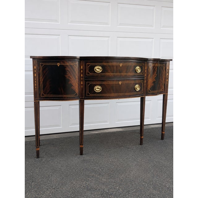 Traditional Vintage Stickley Federal Style Solid Wood Inlaid Flame Mahogany Sideboard With Gorgeous Hardware For Sale - Image 3 of 7