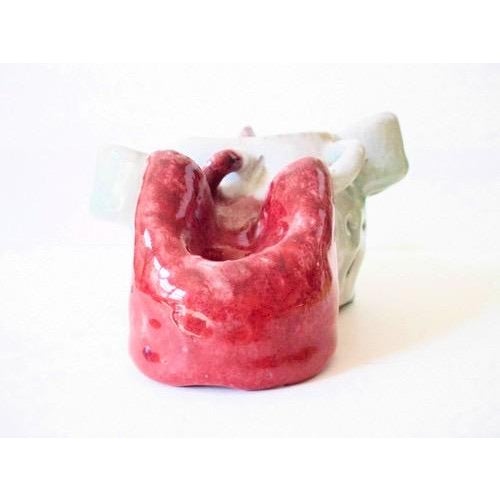 Original studio pottery abstract ceramic Ikebana flower holder. The piece measures approximately 7" x 3" x 5". Pale gray,...