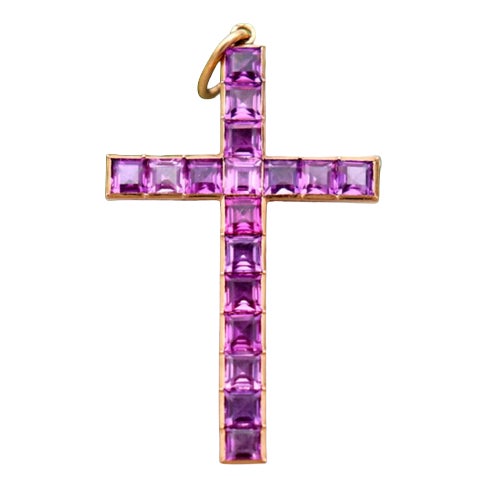 19.2k Gold Cross Pendant with Rubies For Sale