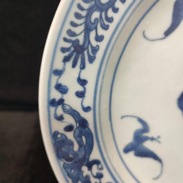 White Chinese Ceramic Plate,Blue and White Porcelain Plate Hand Painted Bats and Longevity Character Pattern For Sale - Image 8 of 11
