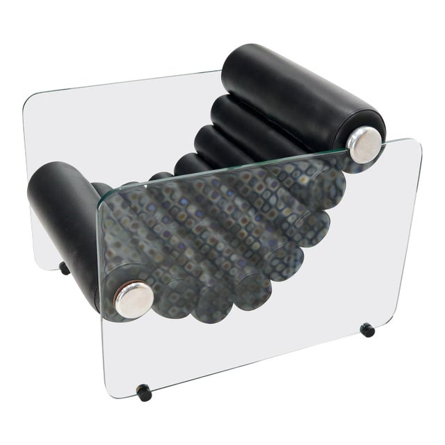 Fabio Lenci Hyaline Chair Lounge Glass Black Leather, 1974 For Sale