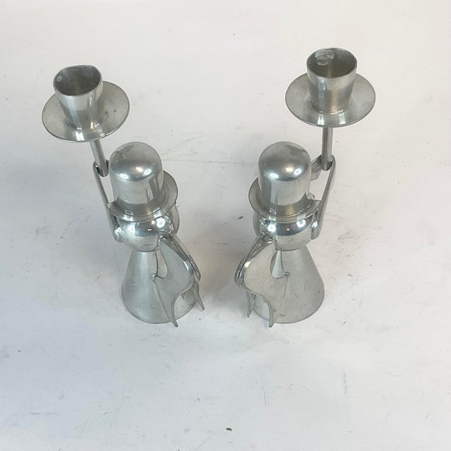 Platinum 1980s Vintage Boho Chic Arts & Crafts Pewter Christmas Angel Candle Holders - A Pair. For Sale - Image 8 of 10