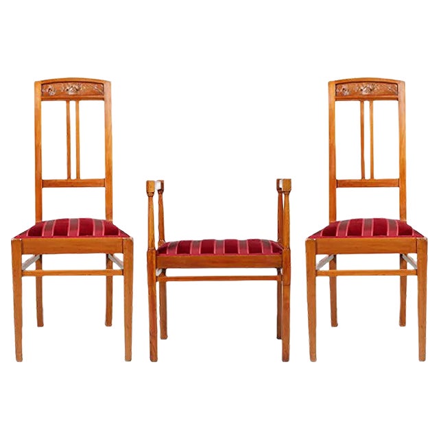 Antique Italian Art Nouveau Side Chairs with Ottoman, Set of 3 For Sale