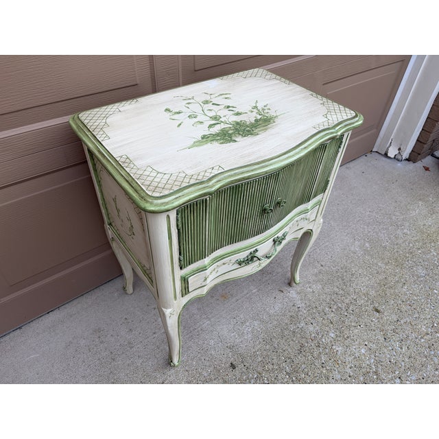 Wood Vintage French Provincial Cream & Sage Green Painted Nightstand With Botanical Decoration For Sale - Image 7 of 14