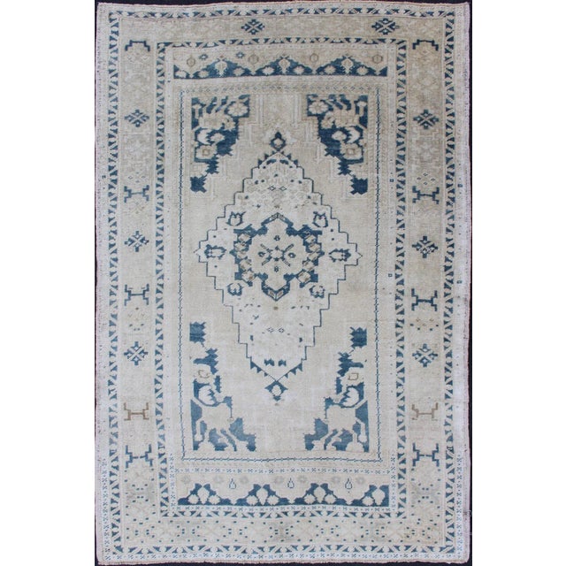 Vintage Hand Knotted Turkish Oushak Rug With Central Medallion in Blue and Cream For Sale - Image 12 of 12