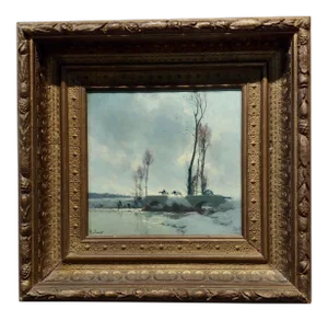 Alexandre Louis Jacob -Bridge Crossing in December Snow -Oil Painting-