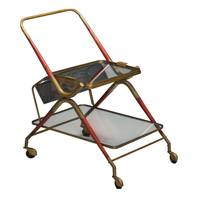 Vintage Italian Bar Cart in Brass and Lacquered Wood by Cesare Lacca, 1950s For Sale
