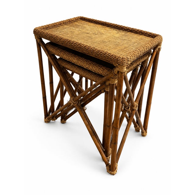 1970s Vintage Coastal Bamboo & Woven Rattan Nesting Tables – Set of 3 For Sale - Image 4 of 7