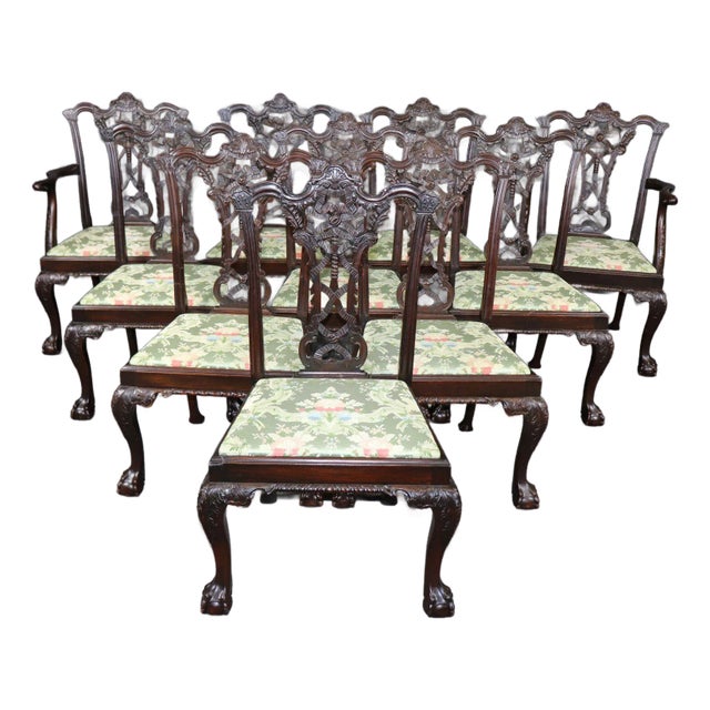 Fine Large Set 10 Carved Dark Mahogany English Chippendale Dining Chairs For Sale