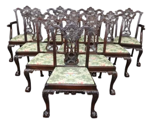 Fine Large Set 10 Carved Dark Mahogany English Chippendale Dining Chairs