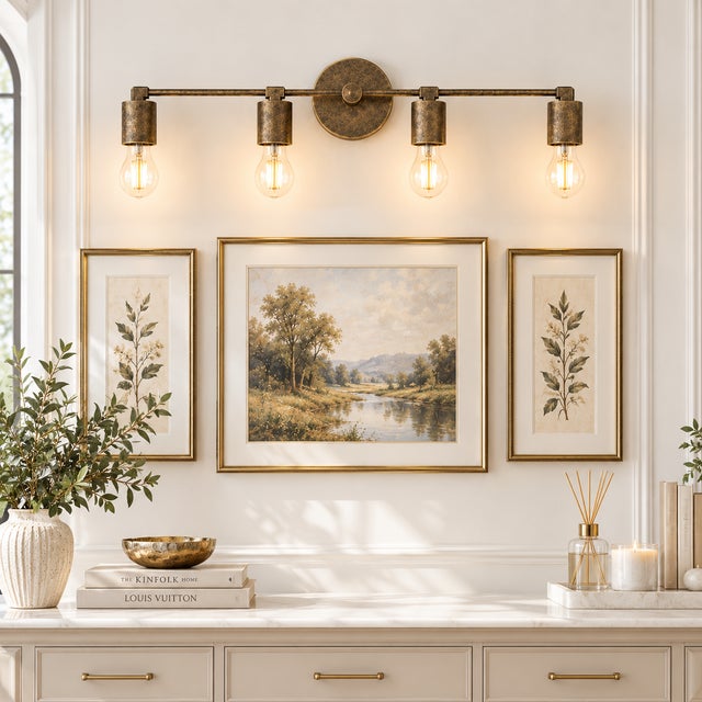 Contemporary Handcrafted Brass 4-Light Vanity Sconce, Antique Brass Bathroom Mirror & Wall Picture Light For Sale - Image 6 of 12