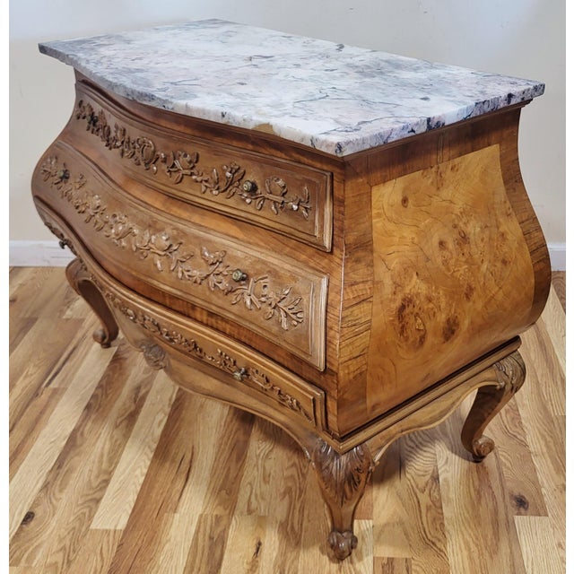 Antique French Country Louis XV Style Carved & Marble Top Bombay Chest For Sale - Image 4 of 16