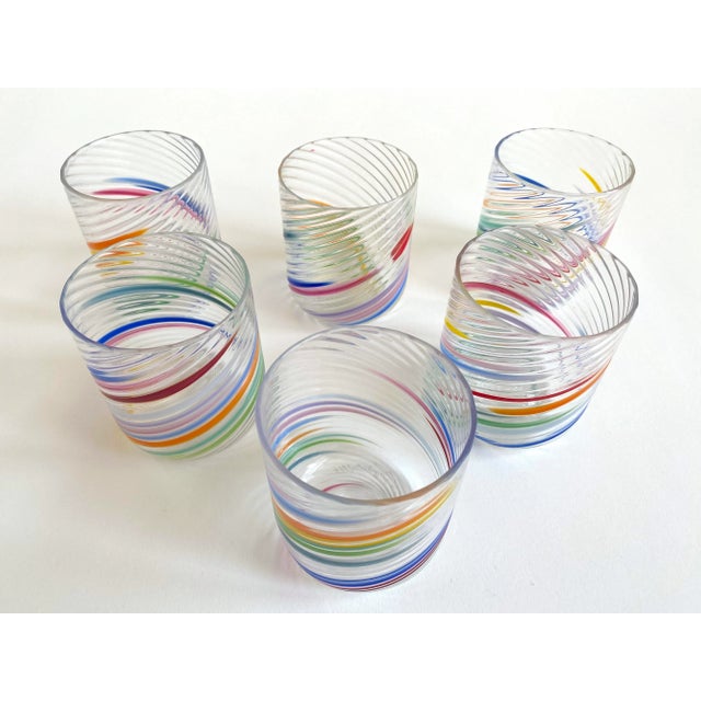 Vintage 1980s Post Modern Hand Blown Studio Art Glass Multicolor Abstract Swirl Glasses - Set of 6 For Sale - Image 4 of 13