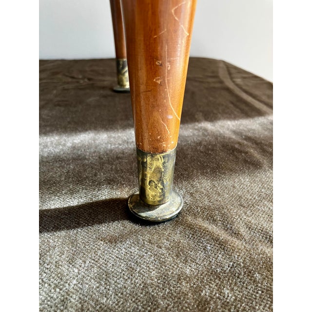 Mid-Century Modern Needlepoint & Chartreuse Velvet Footstool — Vintage Square Ottoman With Tapered Walnut Legs and Brass Ferrule Accents For Sale - Image 18 of 18
