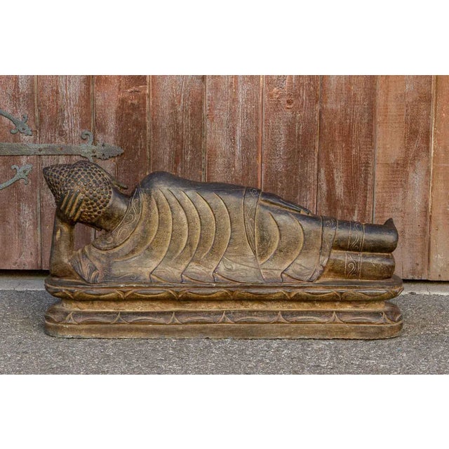 Black Black Stone Asian Reclining Carved Buddha For Sale - Image 8 of 10