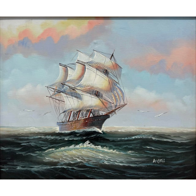 Traditional 1980s Oil Painting on Canvas of a Vessel in the Sea Beautiful Ship, Signed Angell For Sale - Image 3 of 11