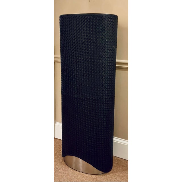 Original retail $3897, stylish Studio A Home Modern Woven Gray Leather Oval Milan Pedestal, satin nickel accent, showroom...