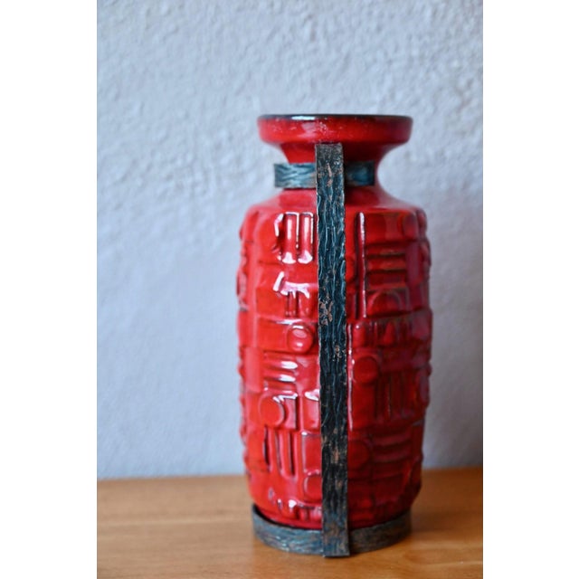 West German Pottery Red Ceramic Floor Vase with Wrought Iron Frame, 1960s For Sale - Image 4 of 9
