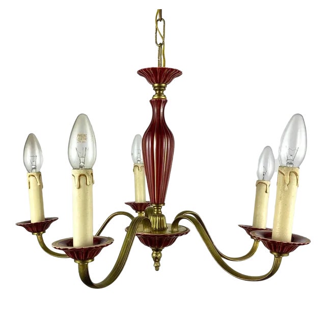 Gilded Brass and Burgundy Ceramics Chandelier For Sale