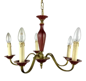 Gilded Brass and Burgundy Ceramics Chandelier