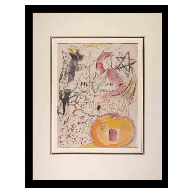 Mino Maccari, In the Land of the Cat, Watercolor & Ink, 1950s, Framed For Sale