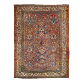 Vintage Hand-Knotted Mahal Area Wool Rug – Rustic Red & Navy Blue Floral For Sale