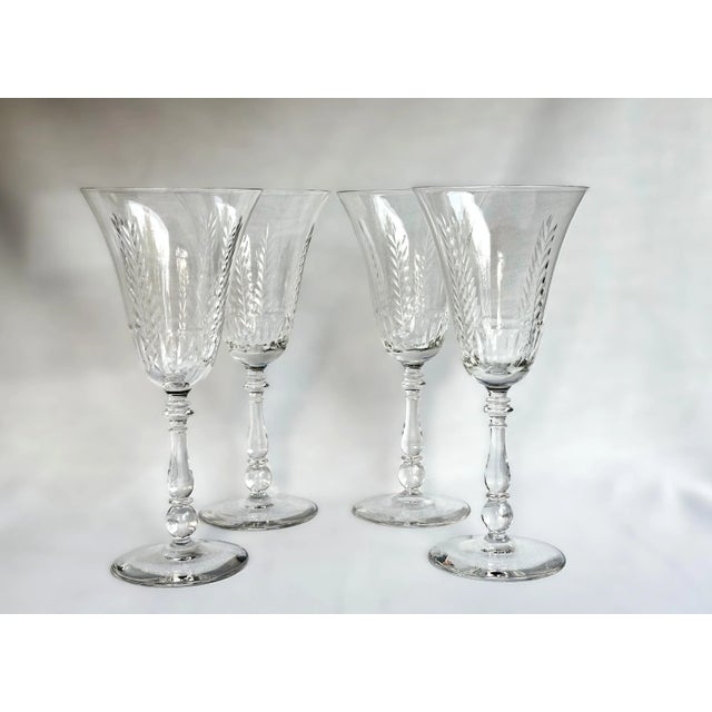 American Bryce Crystal Water Goblets – Set of 4, Cut Crystal Stem 854 Feather Pattern, 1960s For Sale - Image 3 of 5