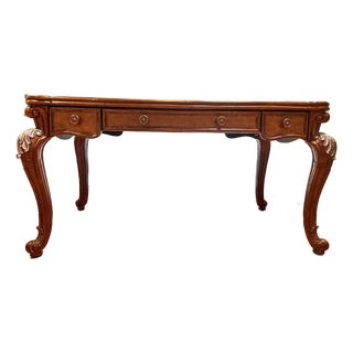 Late 20th Century Traditional Carved Wood Executive Desk With Leather Top & Marble Inlay For Sale