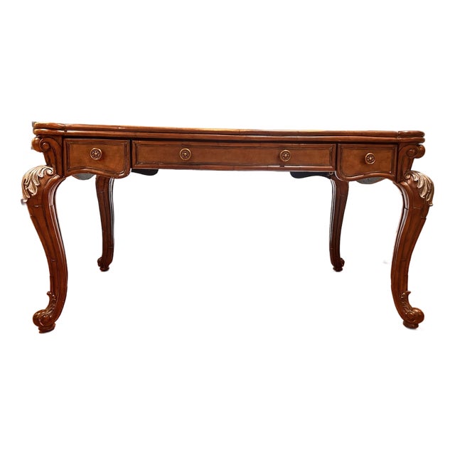 Late 20th Century Traditional Carved Wood Executive Desk With Leather Top & Marble Inlay For Sale