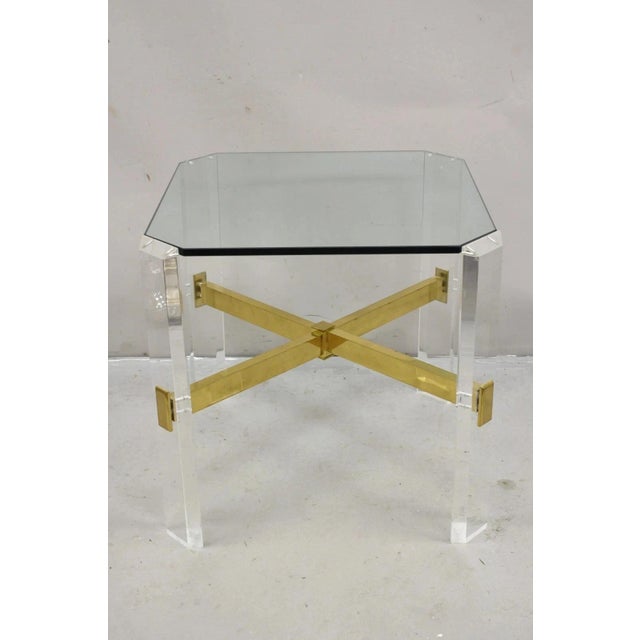 Vintage Mid Century Modern Lucite & Glass Brass Stretcher Occasional Side Table For Sale - Image 12 of 12