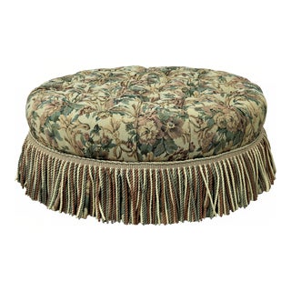 Ethan Allen Round Tufted Floral Upholstered Ottoman For Sale