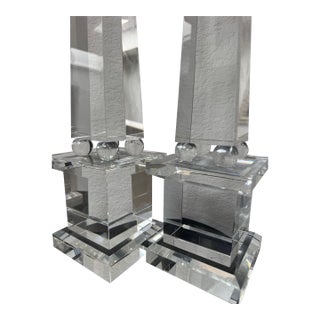 Pair of Monumental Optical Crystal Obelisks on Sphere Supports, 20 Inches High For Sale