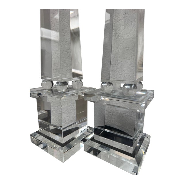 Pair of Monumental Optical Crystal Obelisks on Sphere Supports, 20 Inches High For Sale